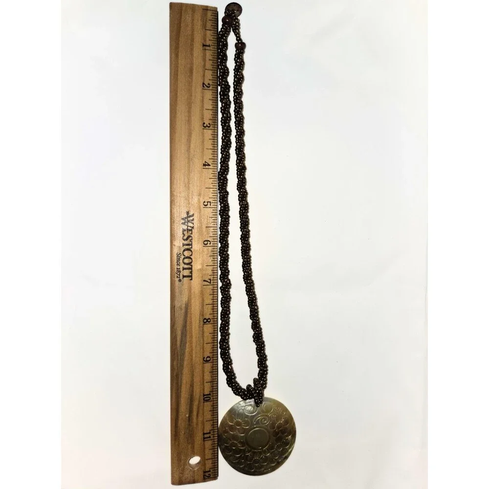 Mother of Pearl Floral Engraved Round Pendant Necklace Brown Seed Bead Boho